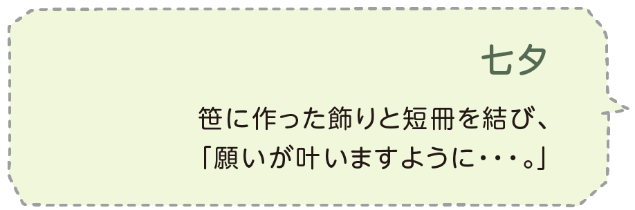 七夕 笹に作った飾りと短冊を結び、「願いが叶いますように・・・。」