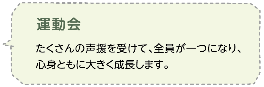 運動会 たくさんの声援を受けて、全員が一つになり、心身ともに大きく成長します。