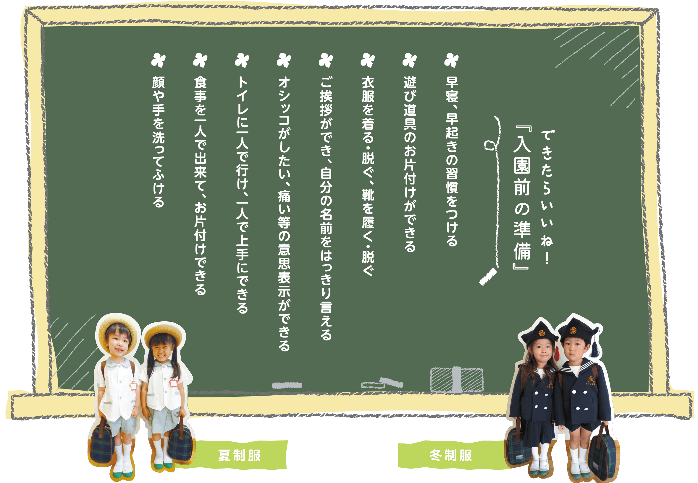 できたらいいね！入園前の準備 早寝、早起きの習慣をつける　遊び道具のお片付けができる　衣服を着る・脱ぐ、靴を履く・脱ぐ　ご挨拶ができ、自分の名前をはっきり言える　オシッコがしたい、痛い等の意思表示ができる　トイレに一人で行け、一人で上手にできる　食事を一人で出来て、お片付けできる　顔や手を洗ってふける