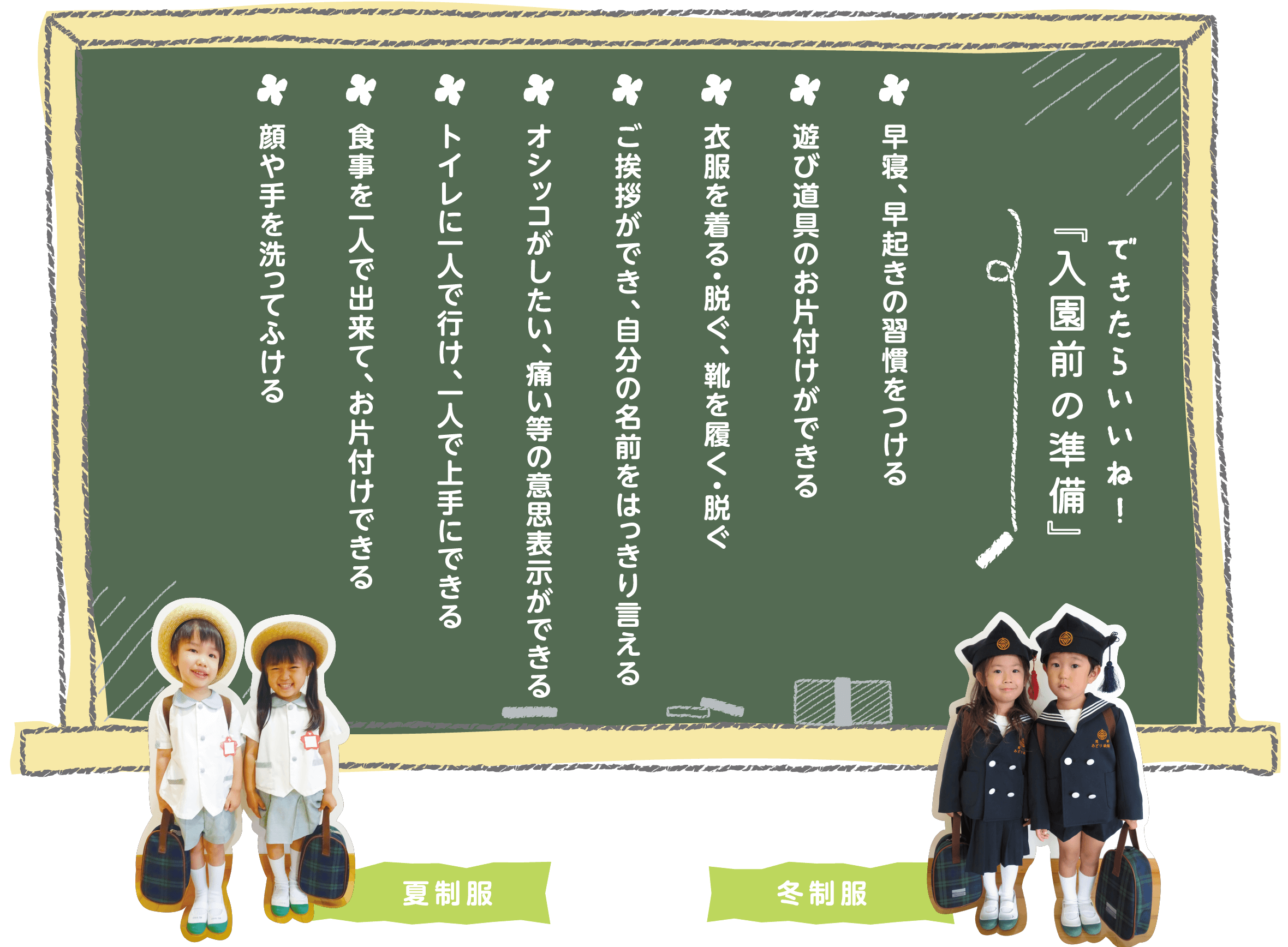 できたらいいね！入園前の準備 早寝、早起きの習慣をつける　遊び道具のお片付けができる　衣服を着る・脱ぐ、靴を履く・脱ぐ　ご挨拶ができ、自分の名前をはっきり言える　オシッコがしたい、痛い等の意思表示ができる　トイレに一人で行け、一人で上手にできる　食事を一人で出来て、お片付けできる　顔や手を洗ってふける