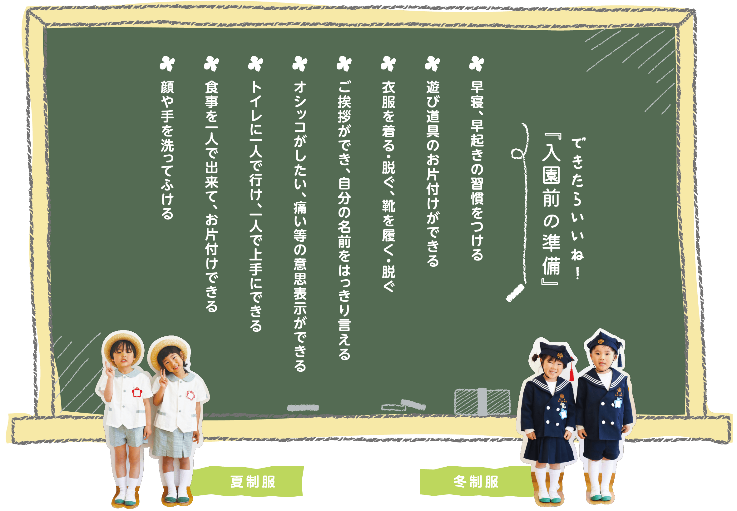 できたらいいね！入園前の準備 早寝、早起きの習慣をつける　遊び道具のお片付けができる　衣服を着る・脱ぐ、靴を履く・脱ぐ　ご挨拶ができ、自分の名前をはっきり言える　オシッコがしたい、痛い等の意思表示ができる　トイレに一人で行け、一人で上手にできる　食事を一人で出来て、お片付けできる　顔や手を洗ってふける