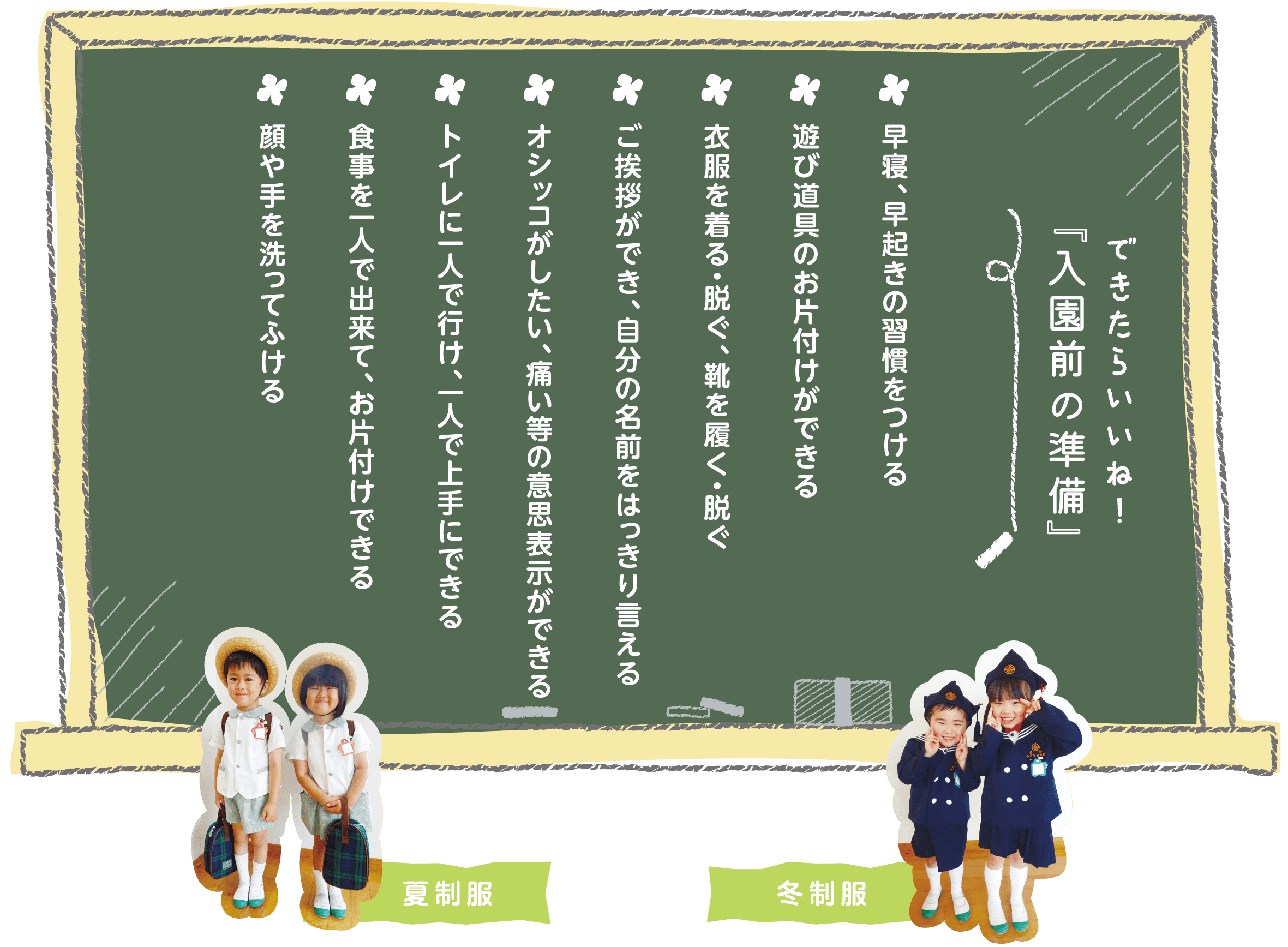 できたらいいね！入園前の準備 早寝、早起きの習慣をつける　遊び道具のお片付けができる　衣服を着る・脱ぐ、靴を履く・脱ぐ　ご挨拶ができ、自分の名前をはっきり言える　オシッコがしたい、痛い等の意思表示ができる　トイレに一人で行け、一人で上手にできる　食事を一人で出来て、お片付けできる　顔や手を洗ってふける